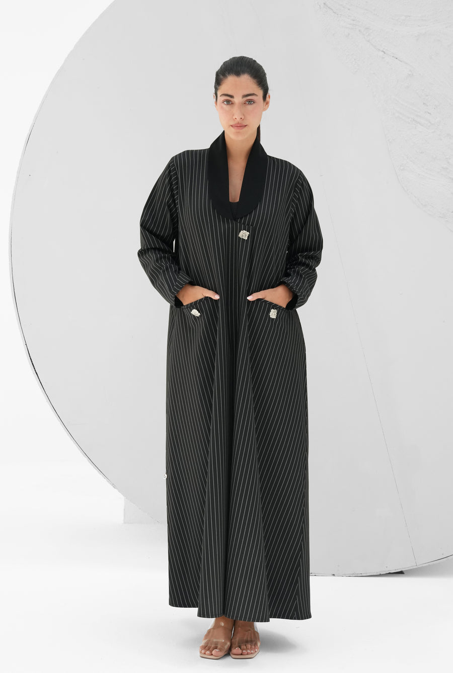Blazer-inspired cut abaya in striped taff crepe fabric