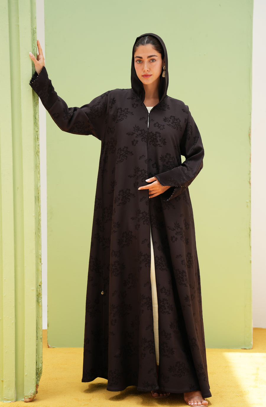 Turkish jacquard abaya with beaded sleeve detail