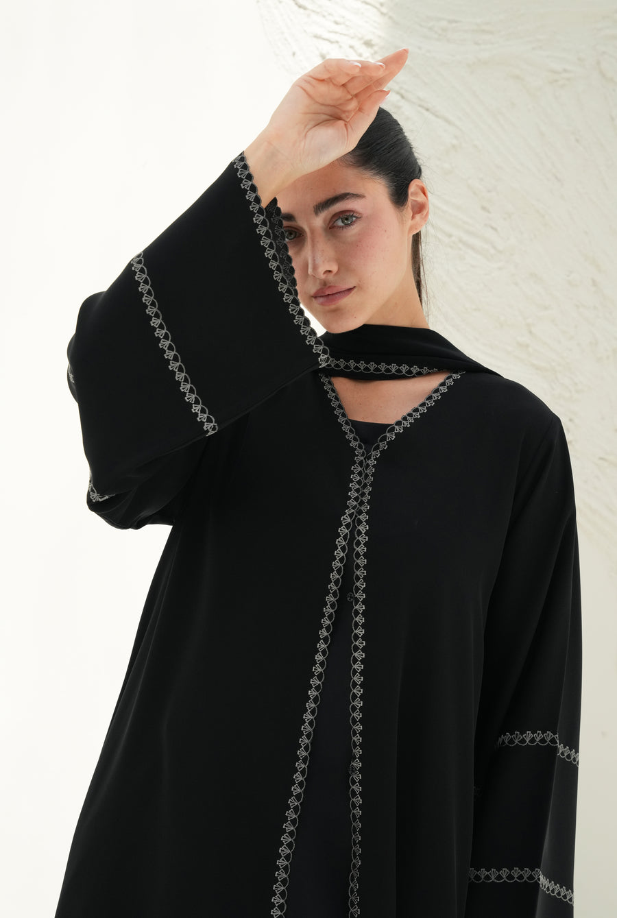 Victoria crepe abaya with embroidery on abaya and shaila
