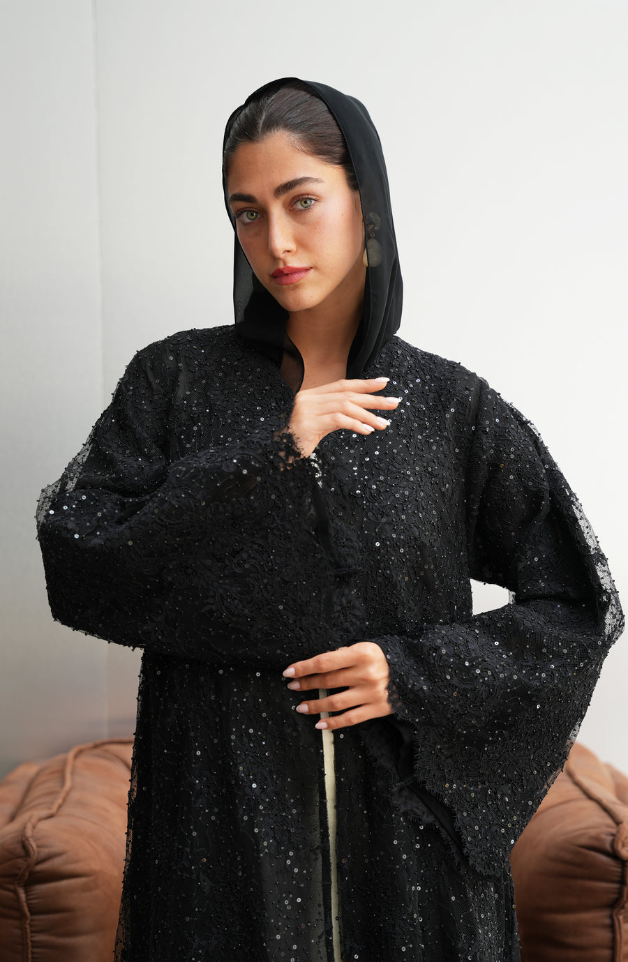 Couture embellished lace abaya with shaila from the ALSAMHA wedding collection