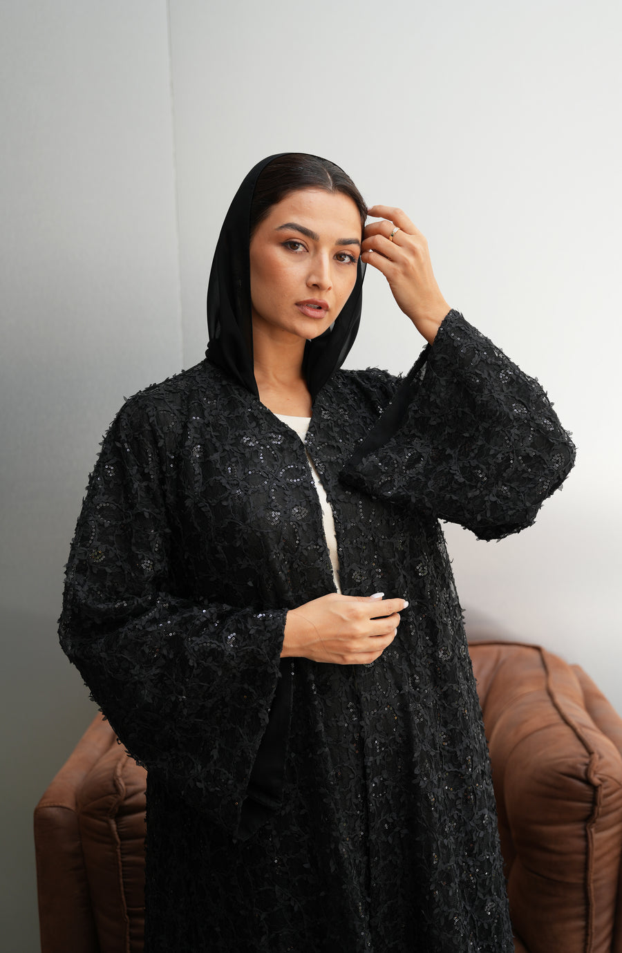Luxury sequin lace wedding abaya with beadwork